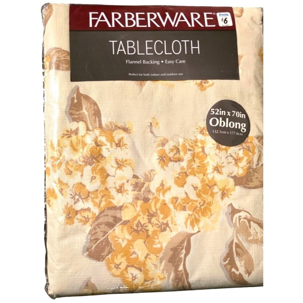 Vintage Tablecloth Farberware Oblong Flannel‎ 52" X 70" Beige Yellow Floral NOS